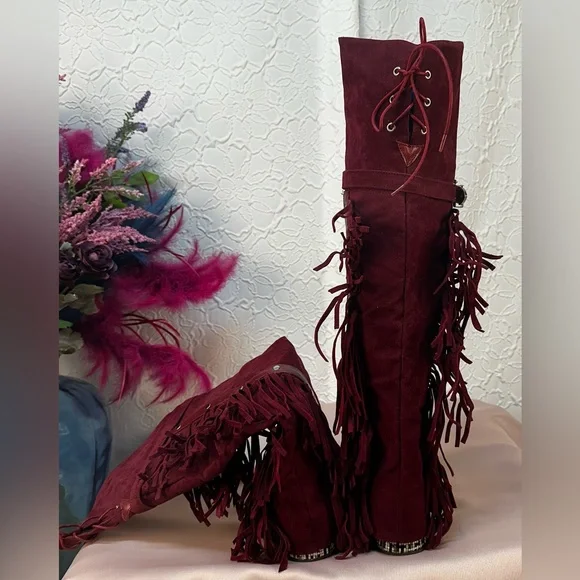 Bohemian Fringe Knee-High Moccasin Boots - Wine (6)‼️NWOB‼️ - Picture 10 of 15